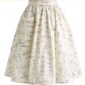 Modcloth Fervour Barrel Roll Vintage Airplane Retro Drawings Cream Swing Skirt
